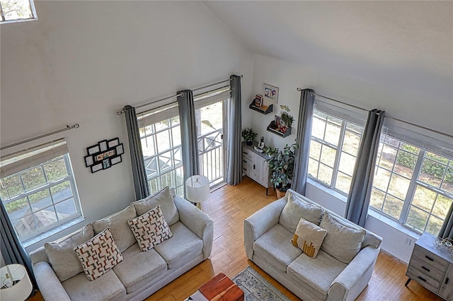 living room featuring plenty of natural light, high vaulted ceiling, and light hardwood / wood-style floors