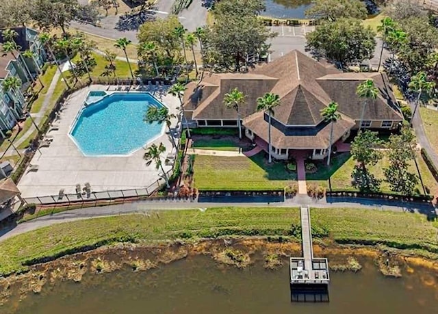 birds eye view of property featuring a water view