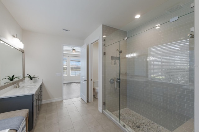 bathroom featuring a stall shower, visible vents, toilet, tile patterned flooring, and vanity