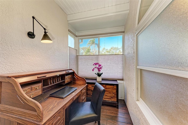 office space with beam ceiling and dark hardwood / wood-style flooring