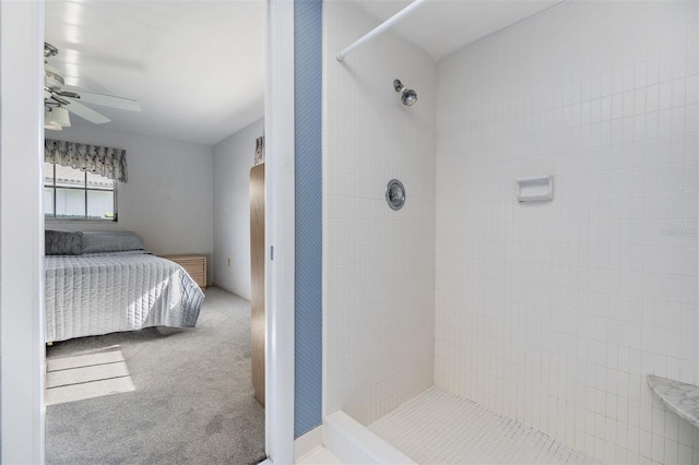 bedroom with light colored carpet and ceiling fan