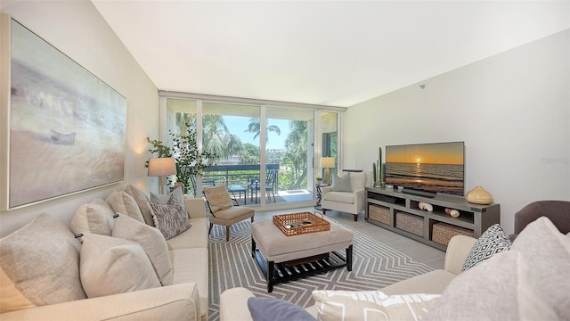 living room with expansive windows and carpet floors