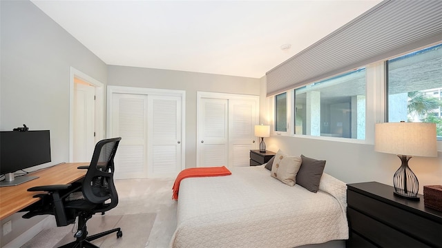 carpeted bedroom featuring multiple closets and multiple windows