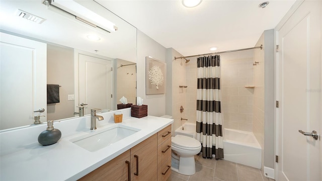 full bathroom with tile patterned flooring, vanity, toilet, and shower / bathtub combination with curtain