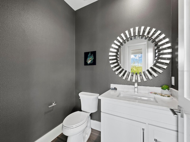 bathroom with wood-type flooring, vanity, and toilet