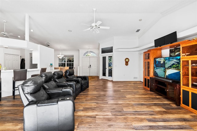 living room featuring ceiling fan, dark hardwood / wood-style flooring, high vaulted ceiling, and crown molding