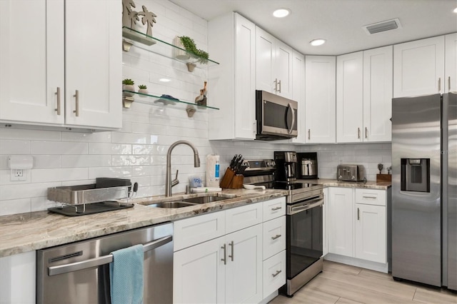 kitchen featuring backsplash, sink, appliances with stainless steel finishes, light stone counters, and white cabinetry