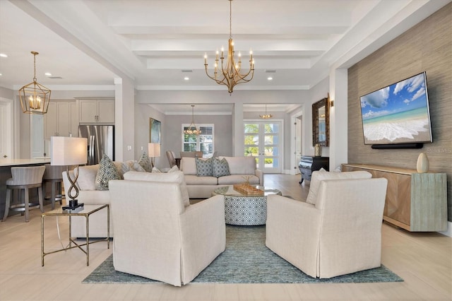 living room with an inviting chandelier, light tile patterned floors, and french doors