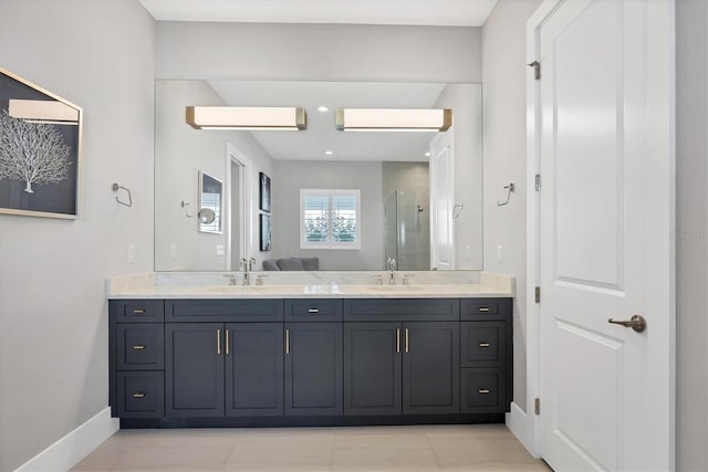 bathroom with vanity, tile patterned floors, and an enclosed shower