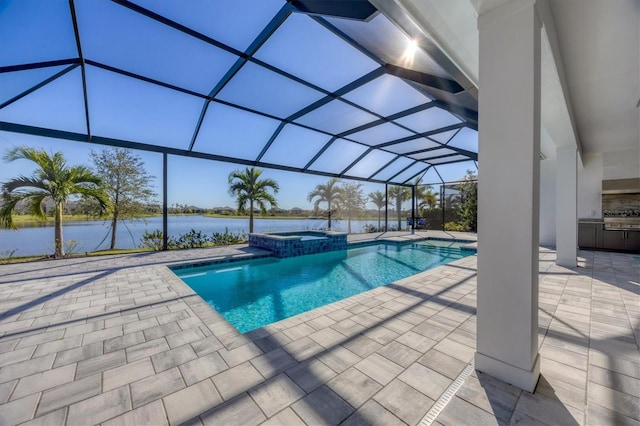 view of pool with a lanai, a water view, an in ground hot tub, and a patio