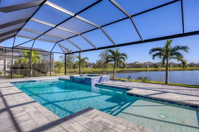 view of swimming pool with a lanai, a water view, an in ground hot tub, and a patio