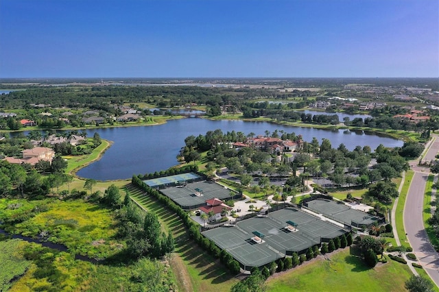 aerial view featuring a water view