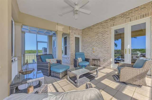 view of patio / terrace with outdoor lounge area, french doors, and ceiling fan