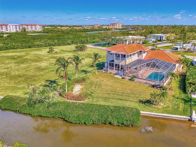 drone / aerial view featuring a water view