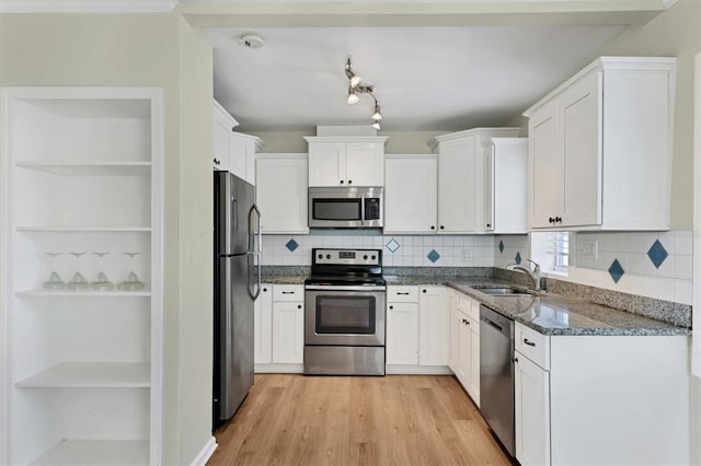 kitchen with white cabinets, sink, appliances with stainless steel finishes, tasteful backsplash, and light hardwood / wood-style floors