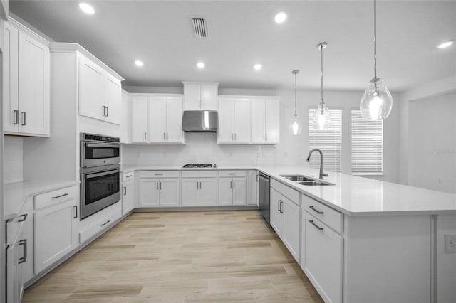 kitchen with white cabinets, pendant lighting, appliances with stainless steel finishes, and sink