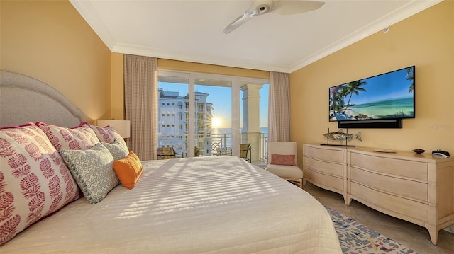 tiled bedroom with access to outside, ceiling fan, and crown molding