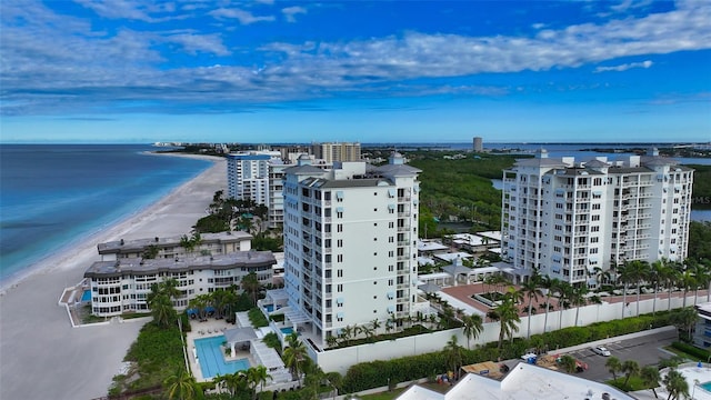 aerial view featuring a water view and a view of the beach