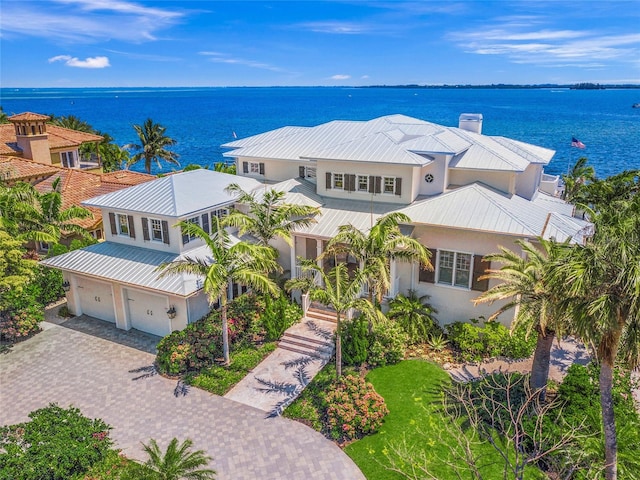 bird's eye view with a water view