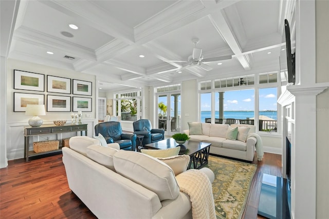 living room featuring ceiling fan, dark hardwood / wood-style flooring, beamed ceiling, and coffered ceiling