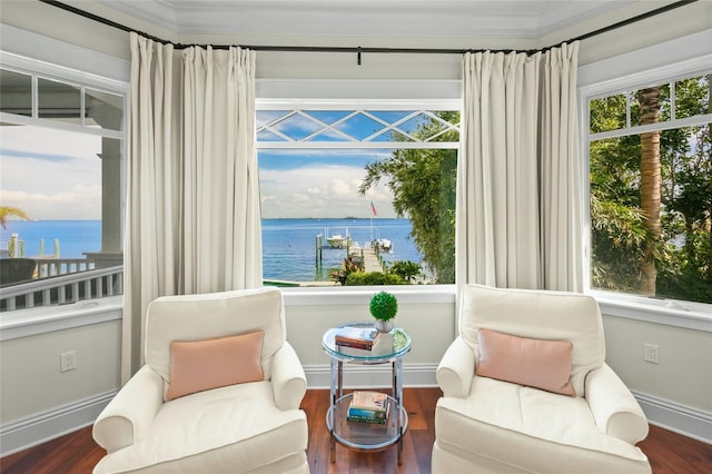 living area featuring a healthy amount of sunlight, a water view, and ornamental molding