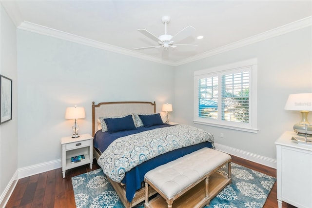 bedroom featuring ceiling fan, dark hardwood / wood-style floors, and ornamental molding