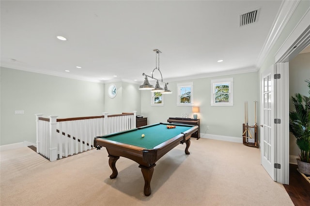 playroom featuring light colored carpet, ornamental molding, and pool table