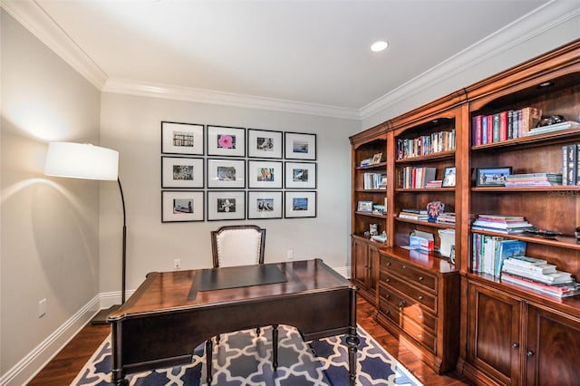 office featuring crown molding and dark wood-type flooring