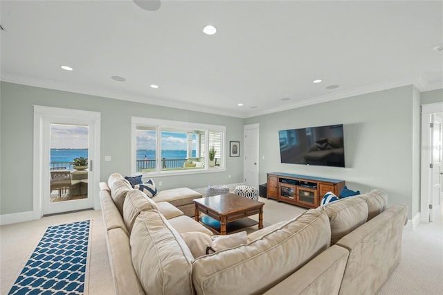 living room with light carpet and ornamental molding