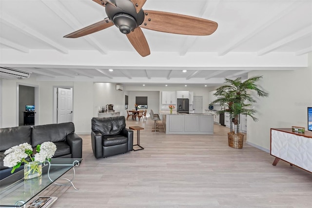 608 69th Ave W, Bradenton, FL 34207 - living room featuring beamed ceiling, light wood-type flooring, recessed lighting, a ceiling fan, and a wall mounted air conditioner