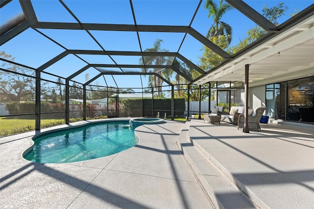 view of swimming pool with a lanai, a patio area, a fenced backyard, and an outdoor living space