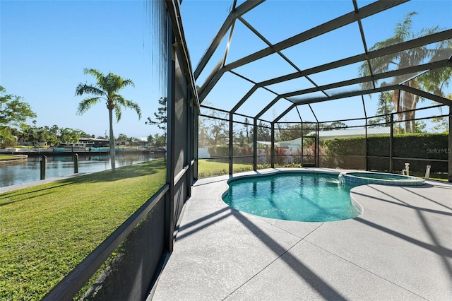 view of swimming pool with a patio, a pool with connected hot tub, a water view, a lawn, and a lanai