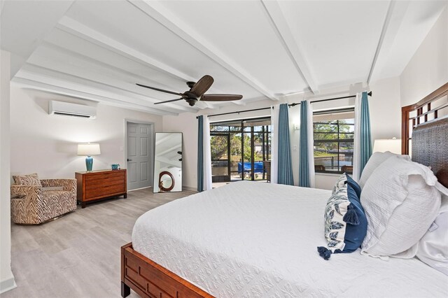608 69th Ave W, Bradenton, FL 34207 - bedroom featuring a wall mounted air conditioner, access to exterior, wood finished floors, beam ceiling, and a ceiling fan