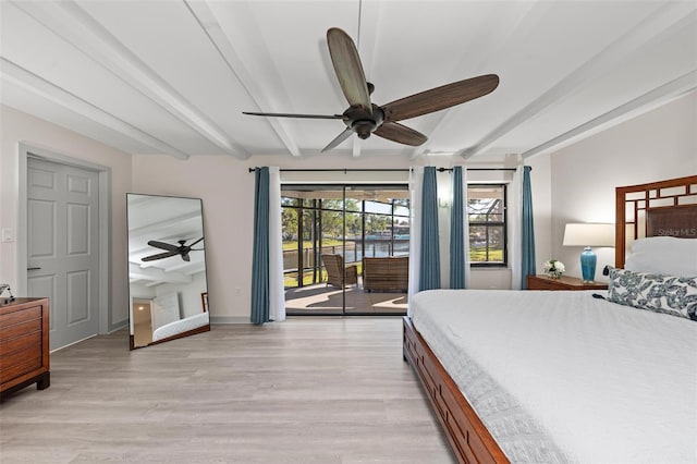 bedroom featuring beamed ceiling, ceiling fan, access to exterior, and light wood-type flooring