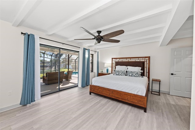 bedroom with ceiling fan, beam ceiling, access to outside, and light hardwood / wood-style flooring