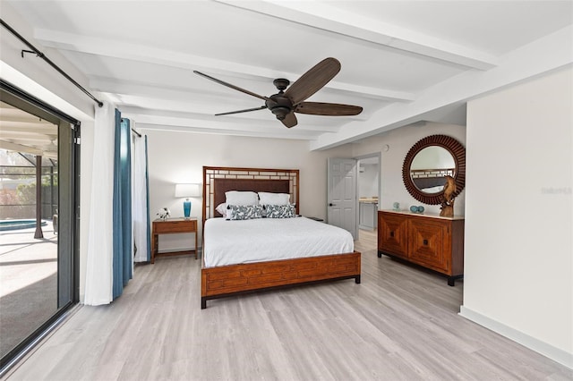 bedroom with ceiling fan, beam ceiling, light wood-type flooring, and access to outside