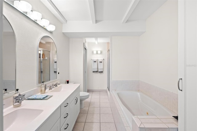 full bathroom with separate shower and tub, tile patterned flooring, vanity, and toilet