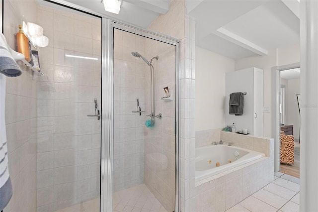 full bath with tile patterned flooring, a jetted tub, a shower stall, and ensuite bathroom