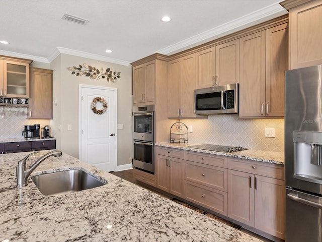 kitchen featuring appliances with stainless steel finishes, backsplash, light stone counters, and sink