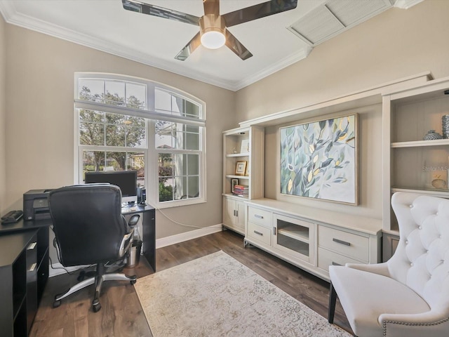 office with crown molding, ceiling fan, and dark wood-type flooring