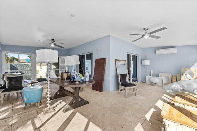 interior space featuring a wall unit AC and ceiling fan