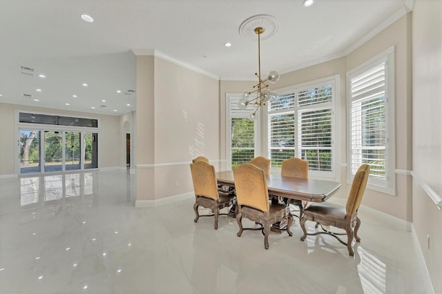 dining room with an inviting chandelier and ornamental molding