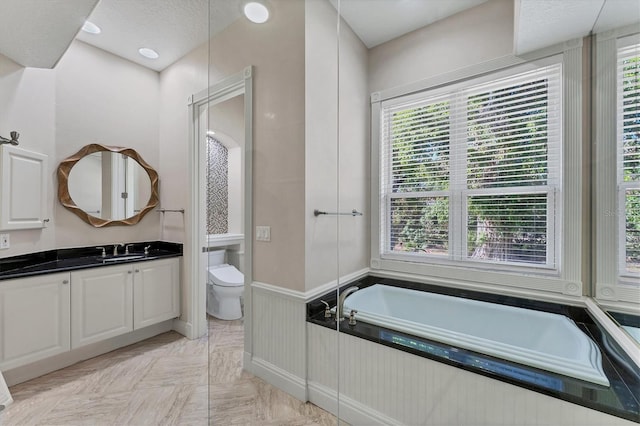 bathroom featuring vanity, toilet, a textured ceiling, and a washtub