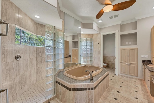 bathroom featuring vanity, a healthy amount of sunlight, crown molding, and plus walk in shower