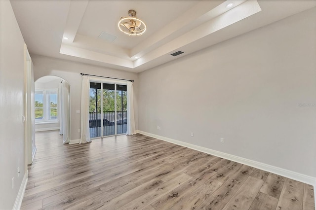 spare room featuring a raised ceiling and light wood-type flooring