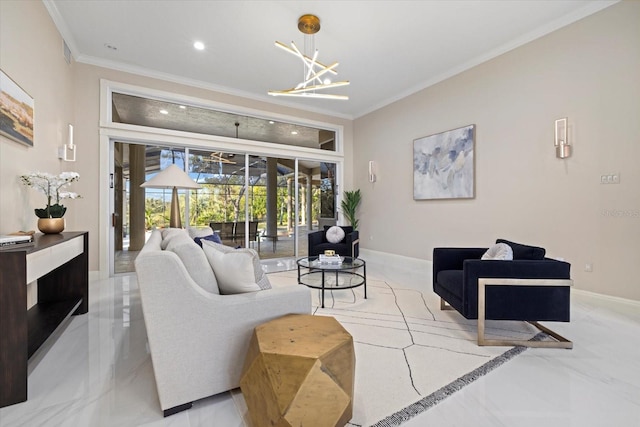 living area featuring a chandelier, recessed lighting, baseboards, marble finish floor, and crown molding