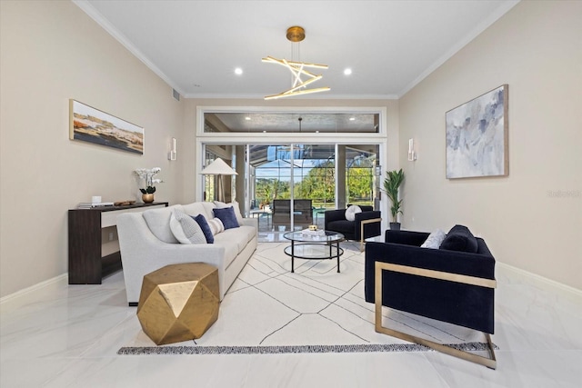 living area featuring visible vents, baseboards, marble finish floor, crown molding, and recessed lighting