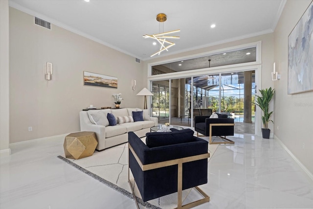 living area featuring baseboards, visible vents, a sunroom, marble finish floor, and crown molding