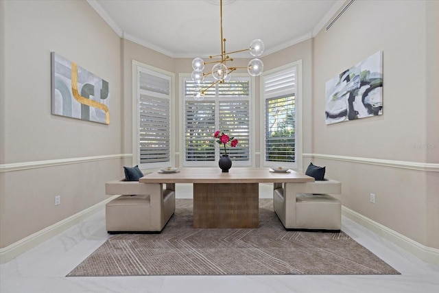 dining room featuring breakfast area, a notable chandelier, ornamental molding, and baseboards