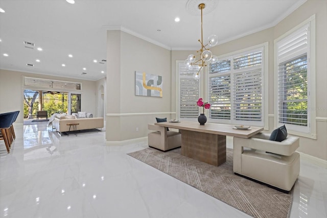 interior space with recessed lighting, visible vents, baseboards, marble finish floor, and ornamental molding